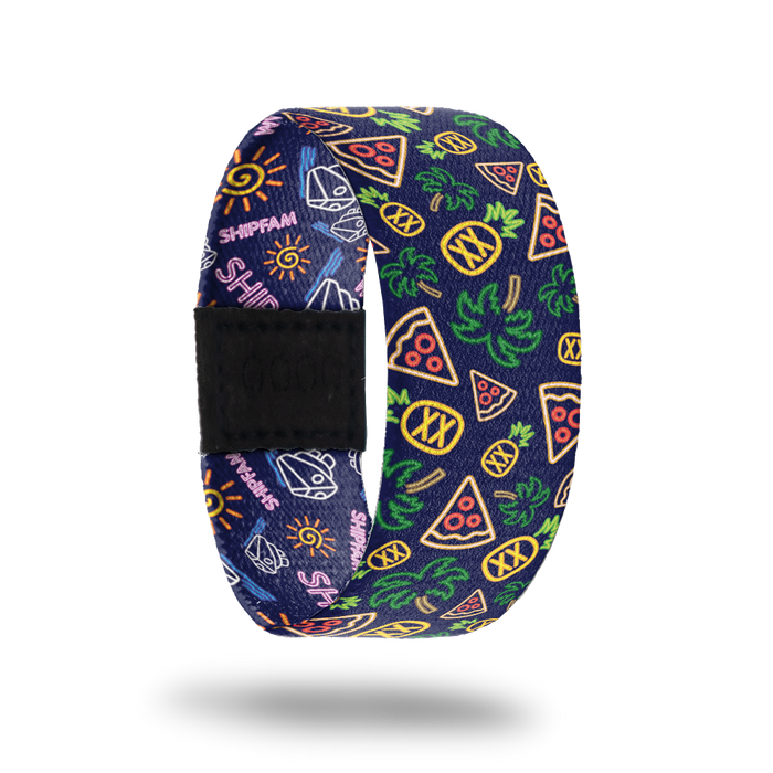 Product photo of the outside of ShipFam: navy blue design with repeating neon light sign palm trees, pineapples, and pizza