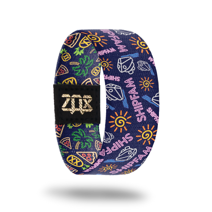 Product photo of the inside of ShipFam: navy blue design with repeating neon light sign suns, cruise ships, pink 'Shipfam' text