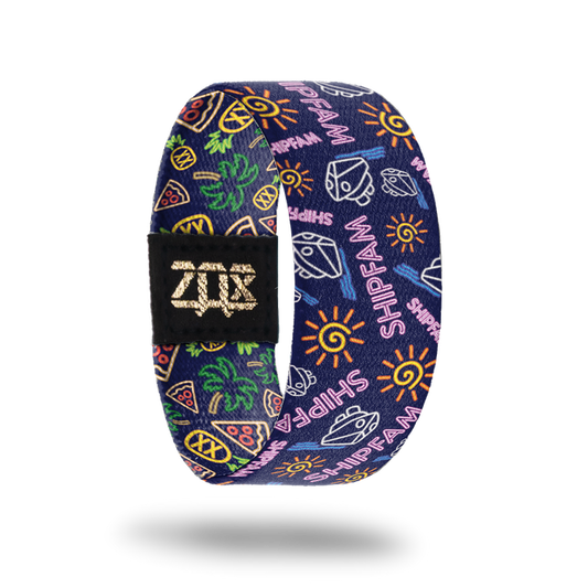 Product photo of the inside of ShipFam: navy blue design with repeating neon light sign suns, cruise ships, pink 'Shipfam' text