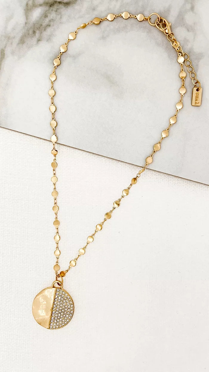 Short Gold Necklace With Diamante And Gold Circle Pendant 6919