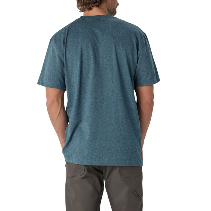 Man wearing a teal short-sleeve t-shirt shown from the back, paired with gray cargo pants.
