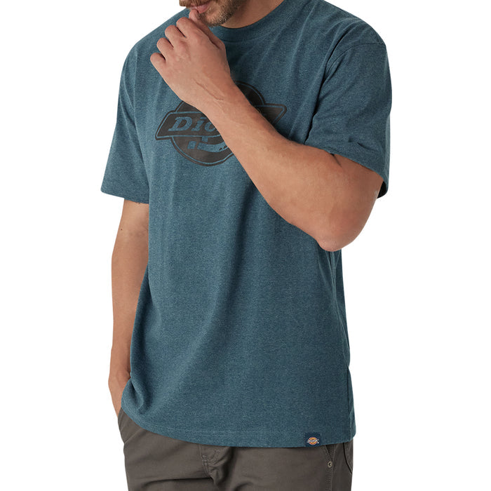 Heathered teal short-sleeve t-shirt with dark circular logo on chest, worn by man with hand on shoulder.