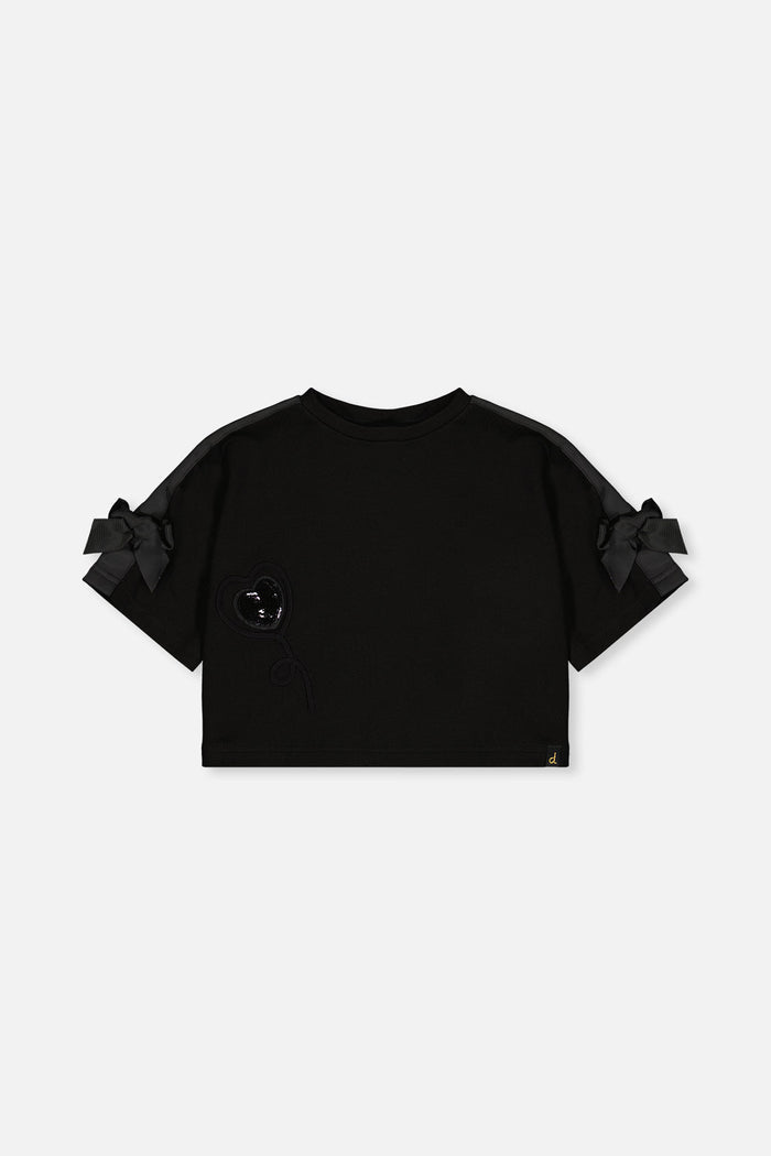 Deux par Deux girls' black short sleeve milano top with shoulder bows, front view
