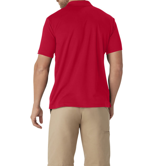 Man wearing red short-sleeve polo shirt and beige pants, shown from back view.