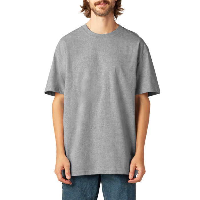 Man wearing gray heather crew neck short sleeve t-shirt with blue jeans.