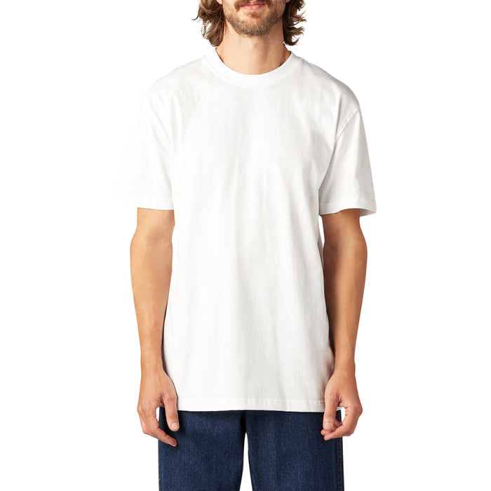 White short sleeve crew neck t-shirt on model with dark jeans.