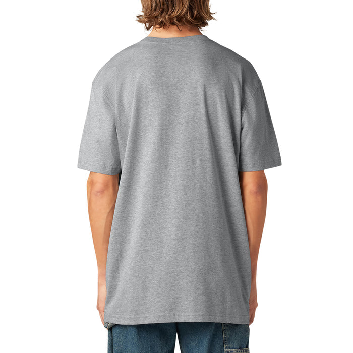 Gray short sleeve t-shirt with crew neckline, shown from back on model wearing blue jeans.