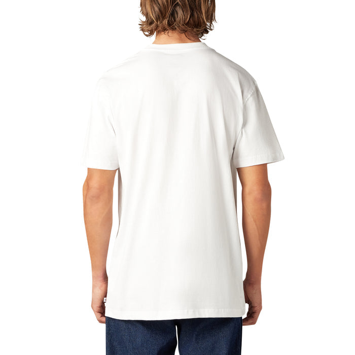 White short sleeve t-shirt with crew neckline, shown on model from back view wearing dark jeans.