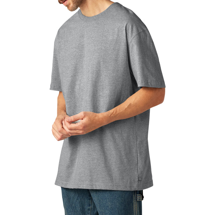 Gray heathered short sleeve t-shirt with crew neckline, shown on male model wearing blue jeans.