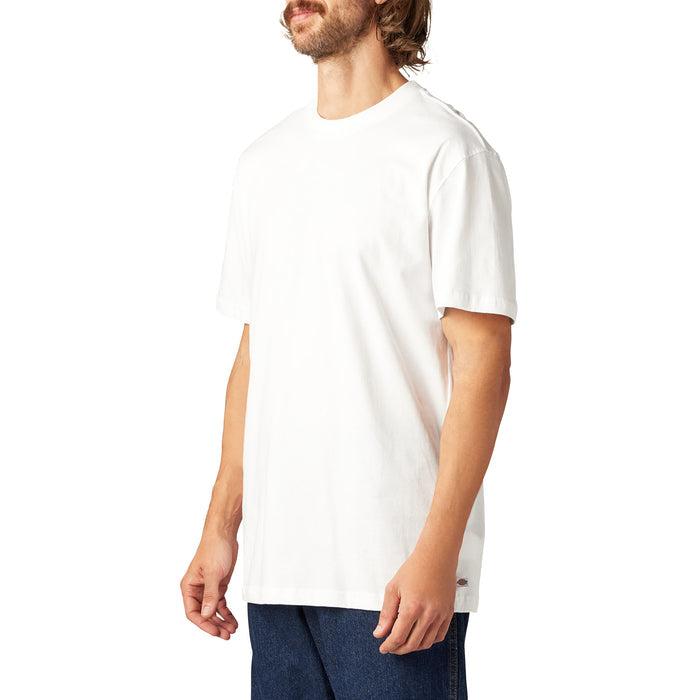 White short sleeve crewneck t-shirt with straight hem, shown on model wearing dark denim.