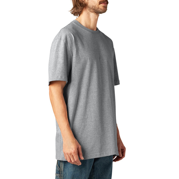 Man wearing gray short-sleeve crewneck t-shirt with blue jeans, shown from side profile.
