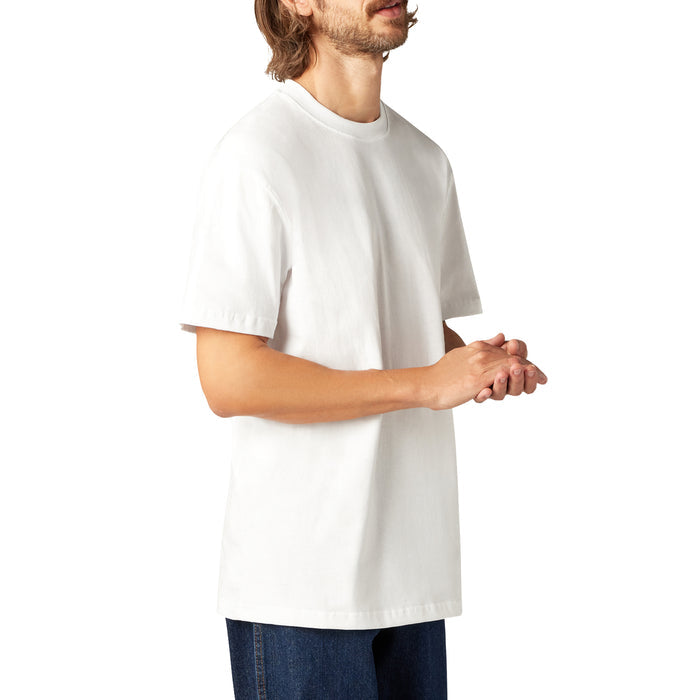 White short sleeve t-shirt with crew neckline worn by man with dark jeans.
