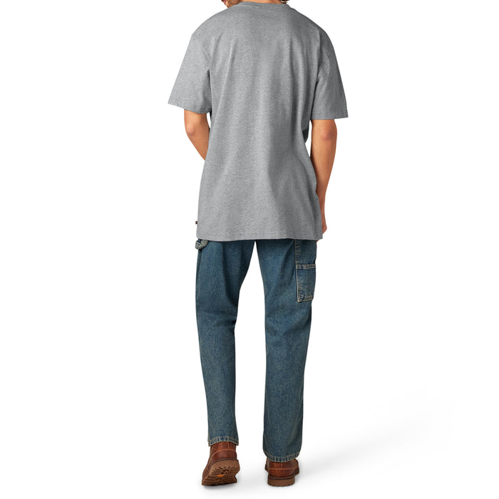 Gray short sleeve t-shirt with crew neckline shown on a male model wearing blue jeans.