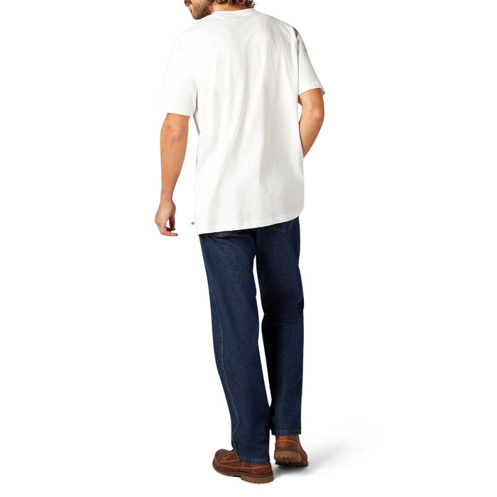 White short sleeve t-shirt worn with dark blue jeans and brown shoes, shown from back view.