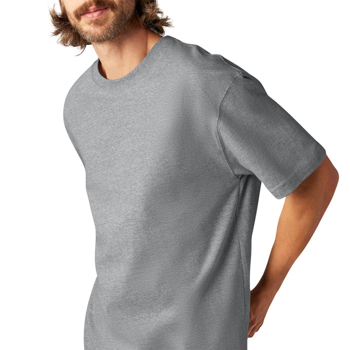 Man wearing heather gray short-sleeve crew neck t-shirt.