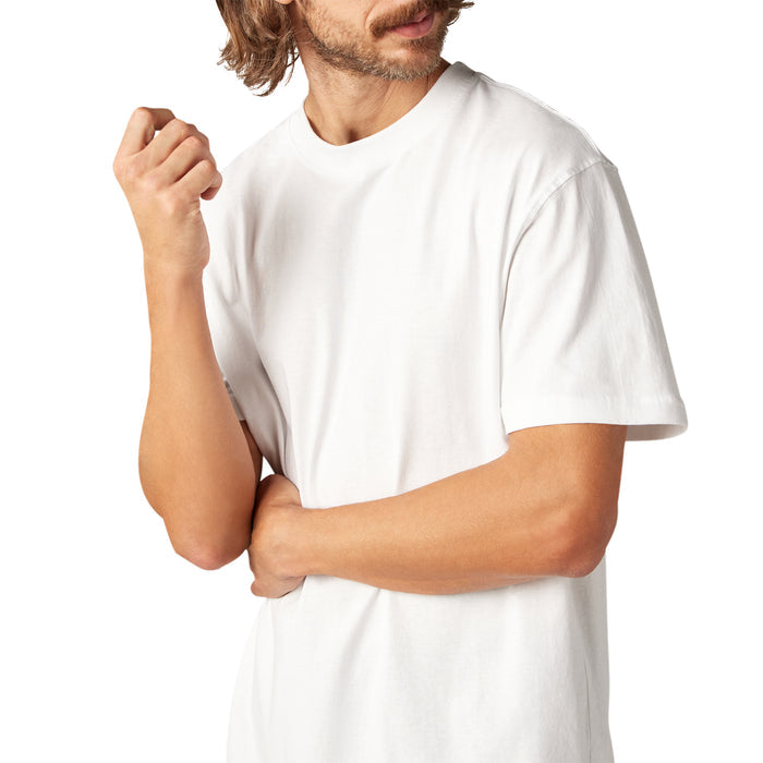 White short-sleeve crew neck t-shirt worn by man.