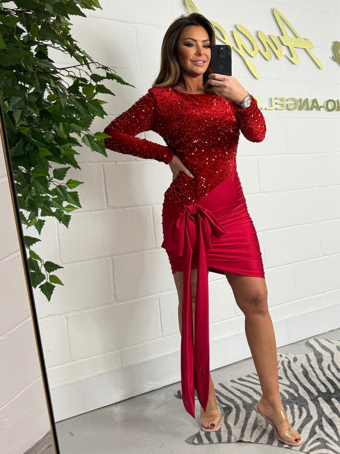 Shoulder Pad Sequin Tie Ruched Detail Dress (4 Colours)
