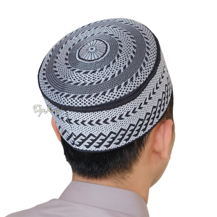 SIlver Embroidery Bugis Kufi Hat - Arrow Diamond Design Rigid Muslim Fashion Cap