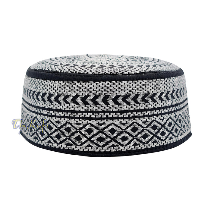 SIlver Embroidery Bugis Kufi Hat - Arrow Diamond Design Rigid Muslim Fashion Cap