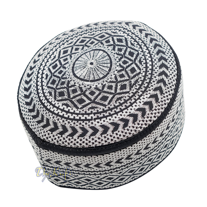 SIlver Embroidery Bugis Kufi Hat - Arrow Diamond Design Rigid Muslim Fashion Cap