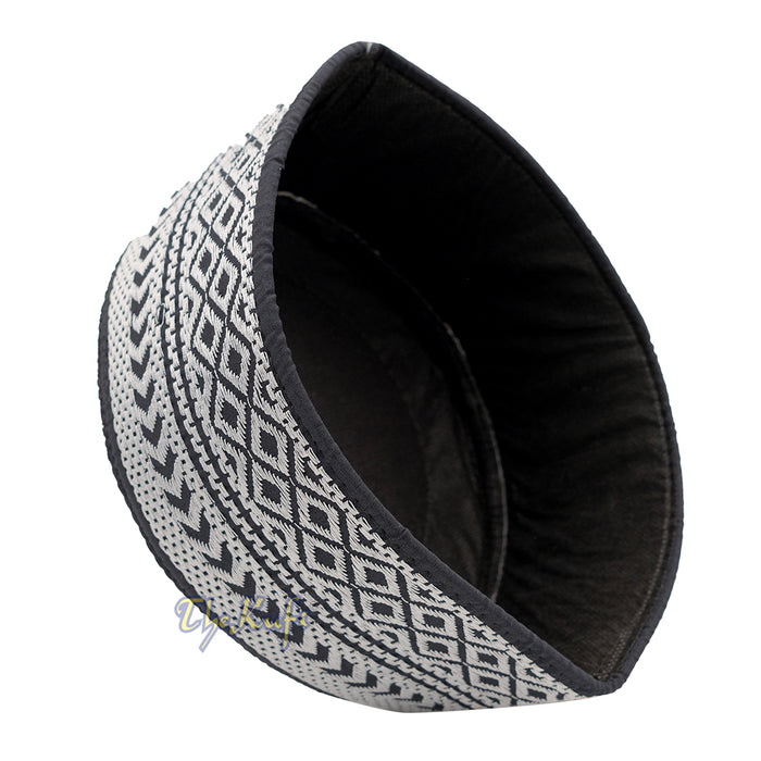 SIlver Embroidery Bugis Kufi Hat - Arrow Diamond Design Rigid Muslim Fashion Cap