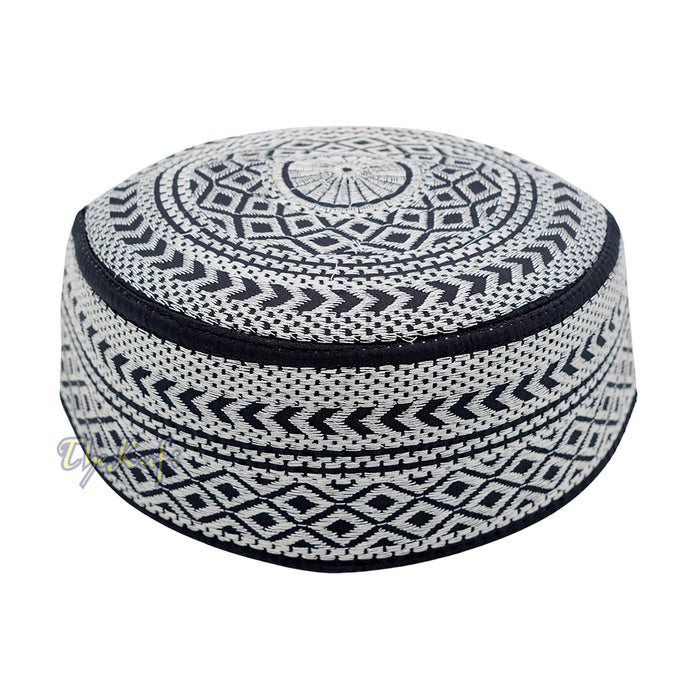 SIlver Embroidery Bugis Kufi Hat - Arrow Diamond Design Rigid Muslim Fashion Cap