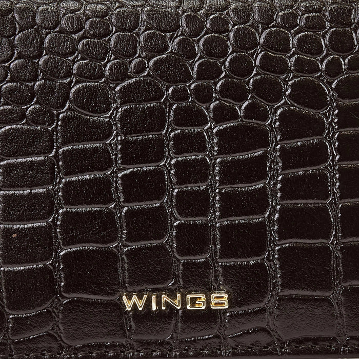 Mały portfel damski WINGS ze skóry naturalnej CROCO BLACK LEATHER COLLECTION