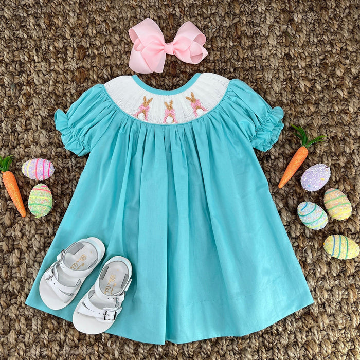 Smocked Bunny Dress in Mint- Bow and Puff Tail
