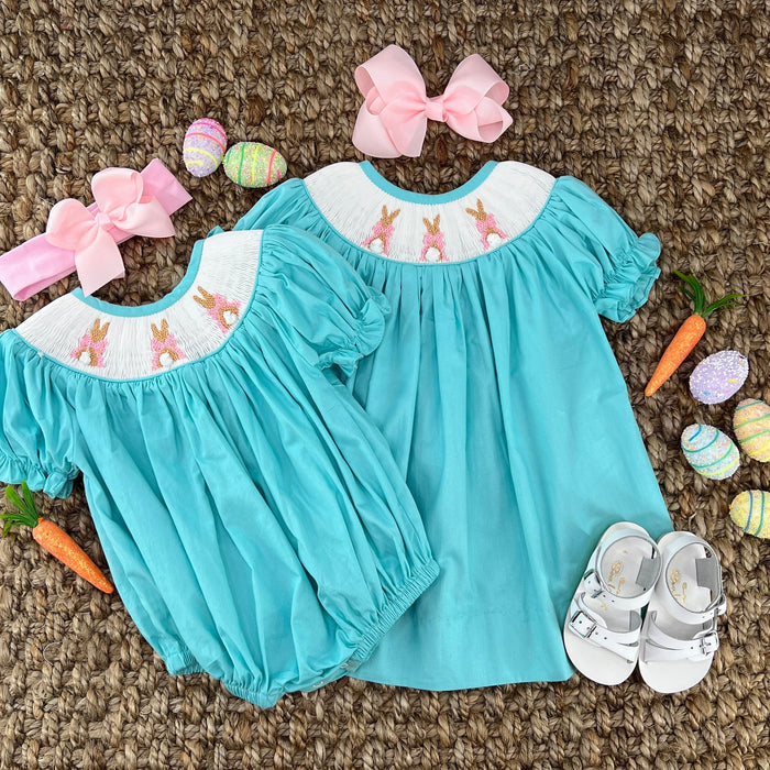Smocked Bunny Dress in Mint- Bow and Puff Tail