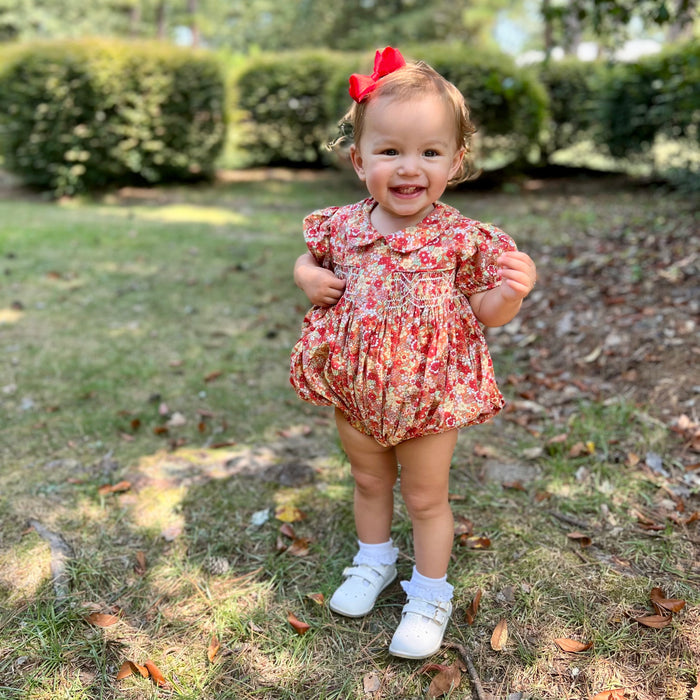 Smocked Charlotte Bubble Romper- Marigold Liberty Print