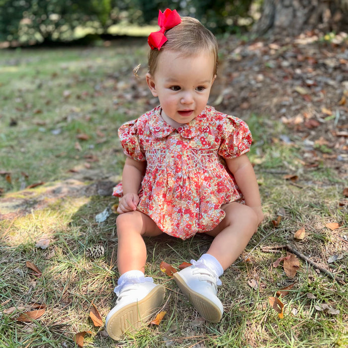 Smocked Charlotte Bubble Romper- Marigold Liberty Print