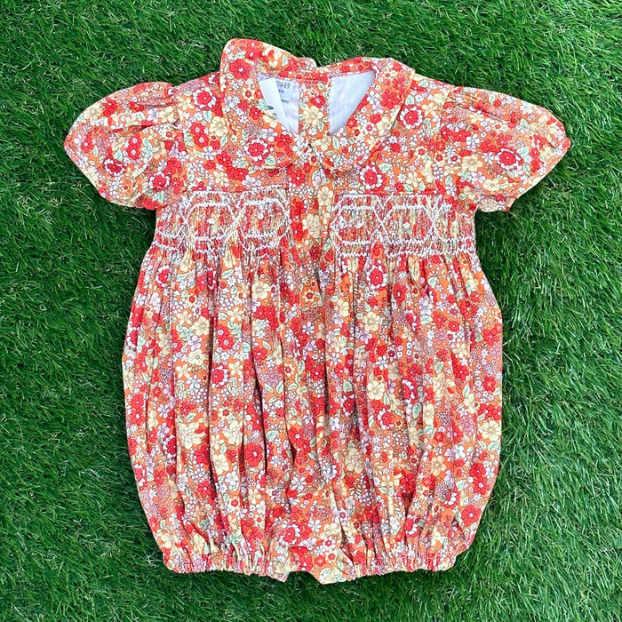 Smocked Charlotte Bubble Romper- Marigold Liberty Print