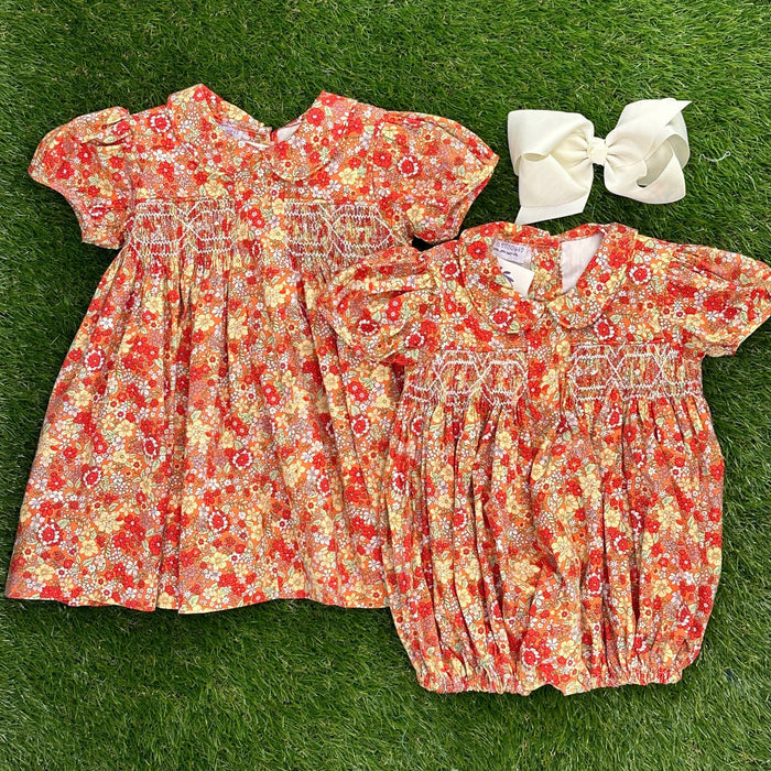 Smocked Charlotte Bubble Romper- Marigold Liberty Print