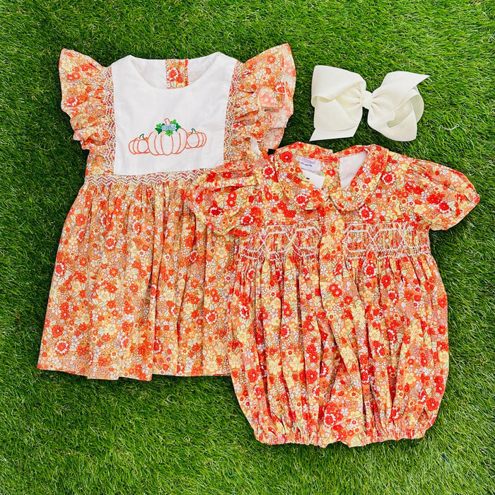 Smocked Charlotte Bubble Romper- Marigold Liberty Print