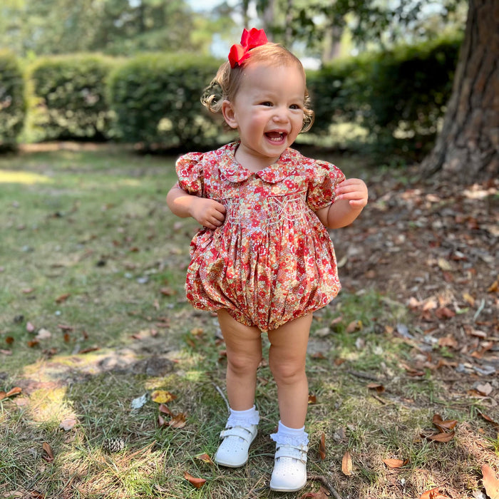 Smocked Charlotte Bubble Romper- Marigold Liberty Print