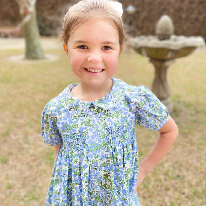 Smocked Charlotte Dress- Hydrangea & Bee Floral