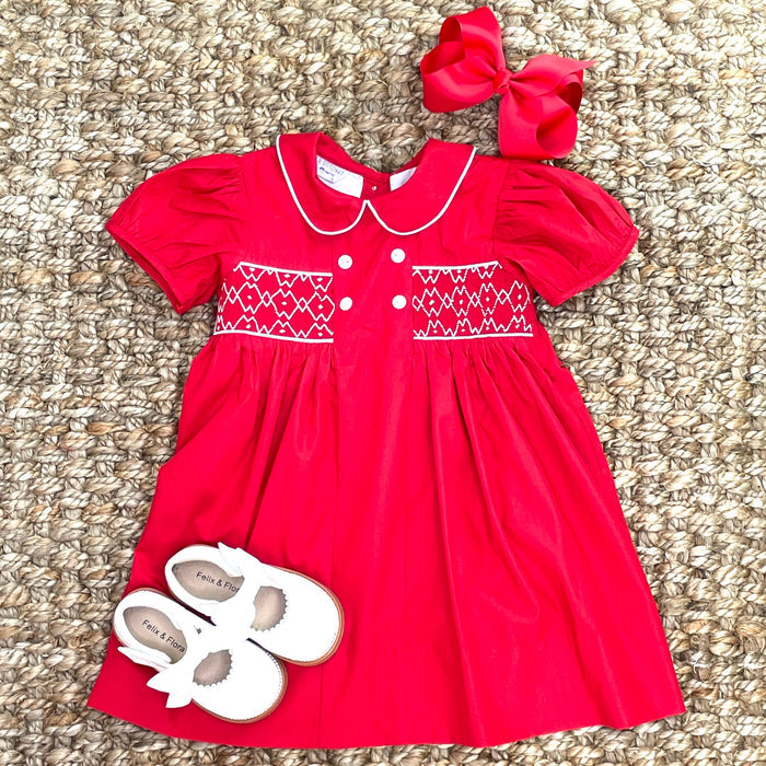 Smocked Charlotte Dress- Red Classic
