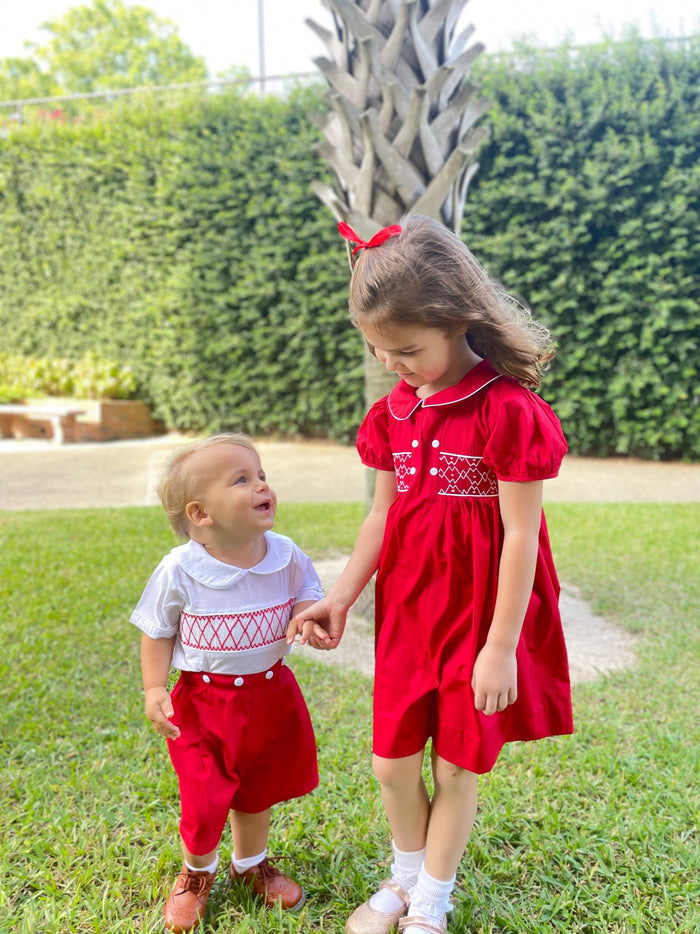 Smocked Charlotte Dress- Red Classic