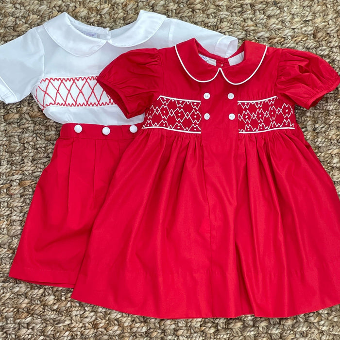 Smocked Charlotte Dress- Red Classic