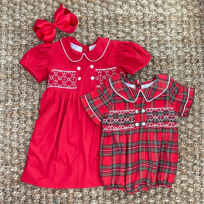 Smocked Charlotte Dress- Red Classic
