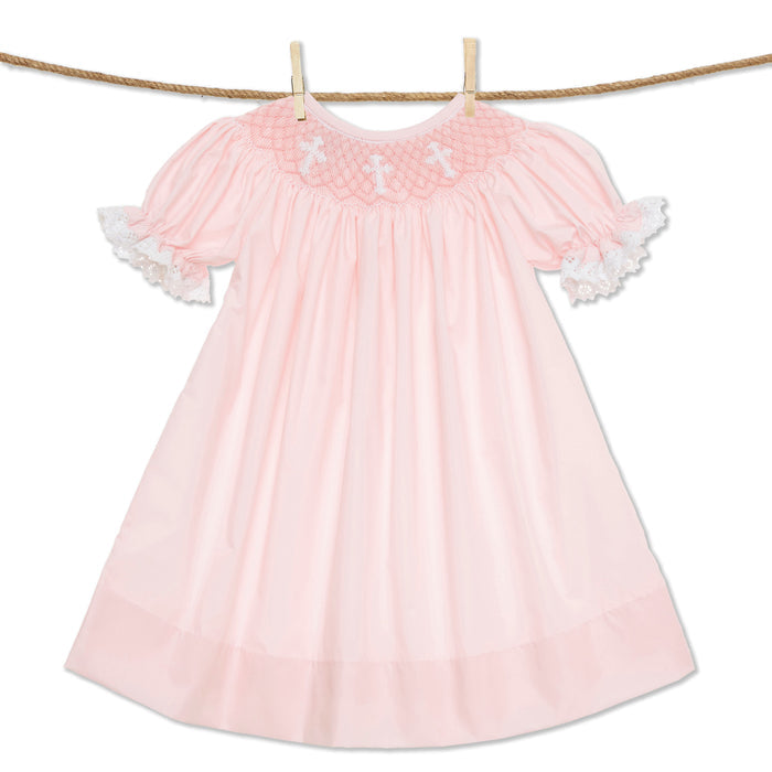 Smocked Cross Bishop Dress - Pink with Lace
