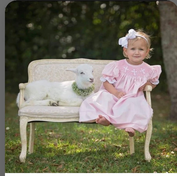 Smocked Cross Bishop Dress - Pink with Lace