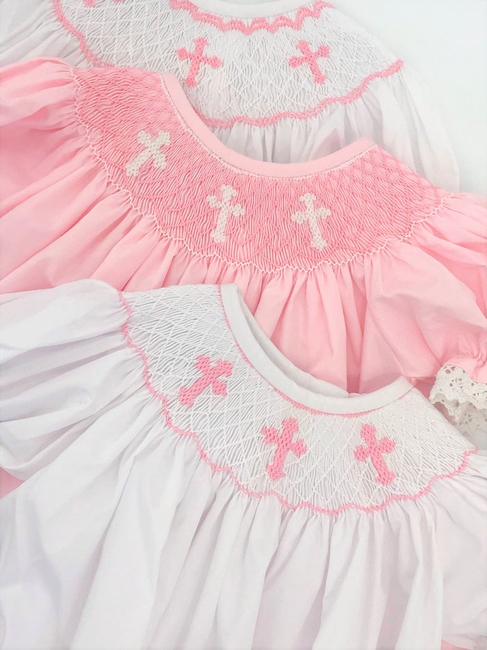 Smocked Cross Bishop Dress - Pink with Lace