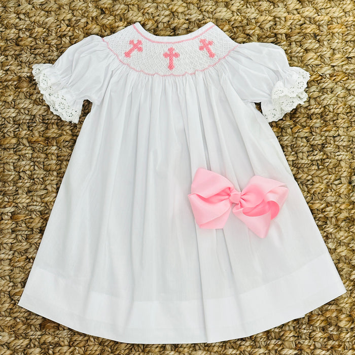 Smocked Cross Bishop Dress - White with Pink Crosses