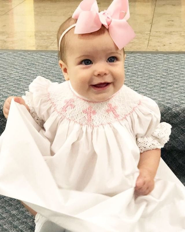 Smocked Cross Bishop Dress - White with Pink Crosses
