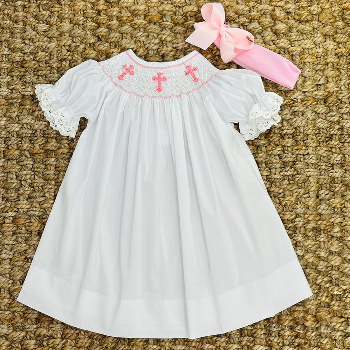 Smocked Cross Bishop Dress - White with Pink Crosses