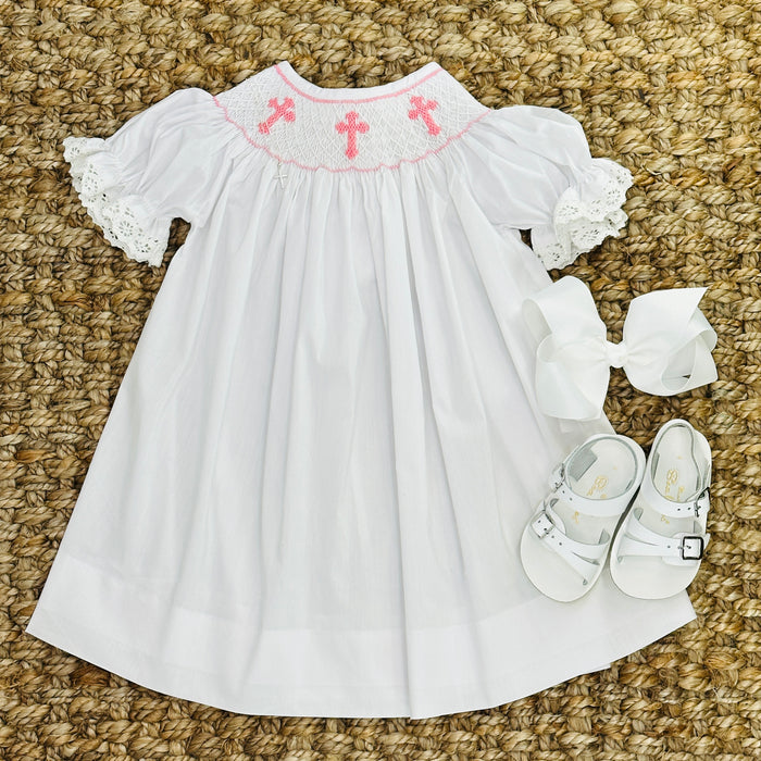 Smocked Cross Bishop Dress - White with Pink Crosses