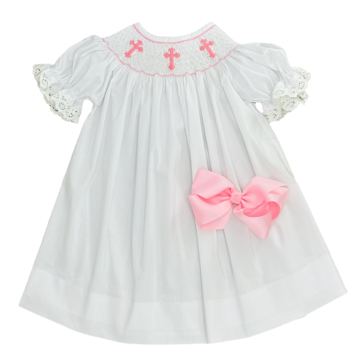 Smocked Cross Bishop Dress - White with Pink Crosses