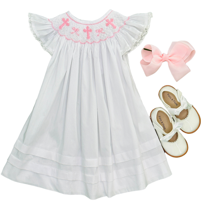 Smocked Crosses & Bows Bishop Dress with Flutter Sleeves