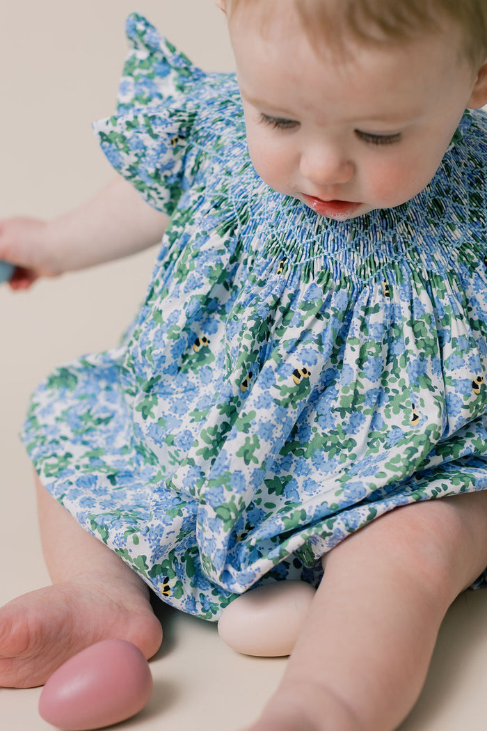 Smocked Floral Bubble Romper- Hydrangea & Bee Print